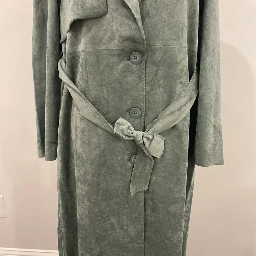 Anthropologie Blank NYC Green Faux Suede Plush Belted Trench Coat Jacket Sz XS - Picture 7 of 14
